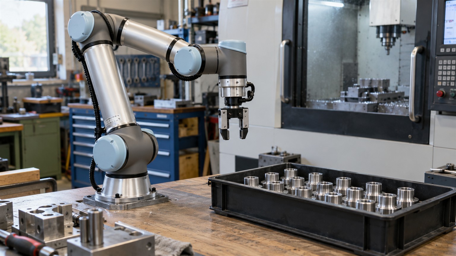 Kollaborativer Roboterarm mit Greifer neben Metallwerkstücken auf einer Werkbank.