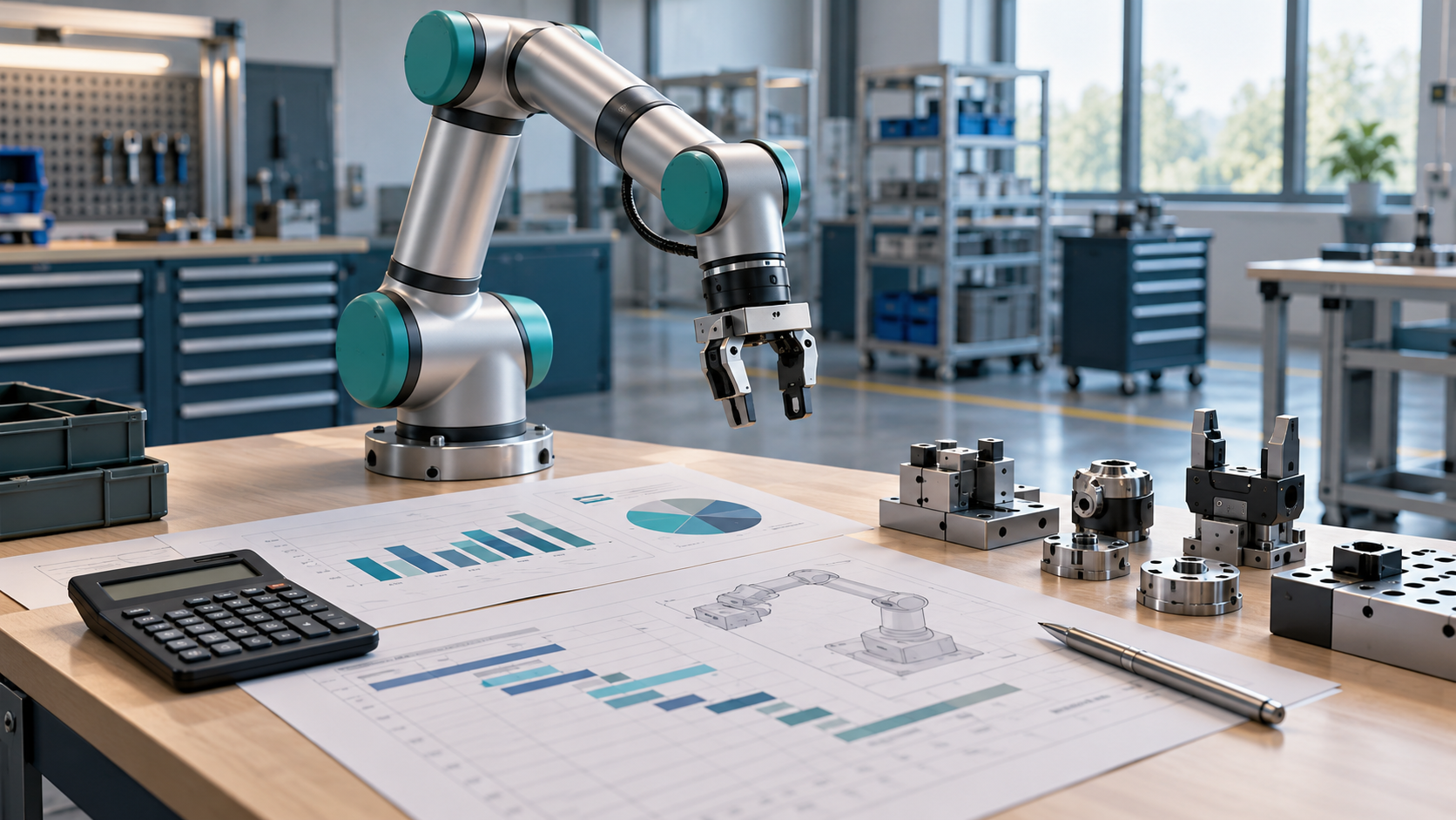 Cobot auf einer Werkbank mit Planungsunterlagen, Taschenrechner und Greiferkomponenten – KI-generierte Illustration.
