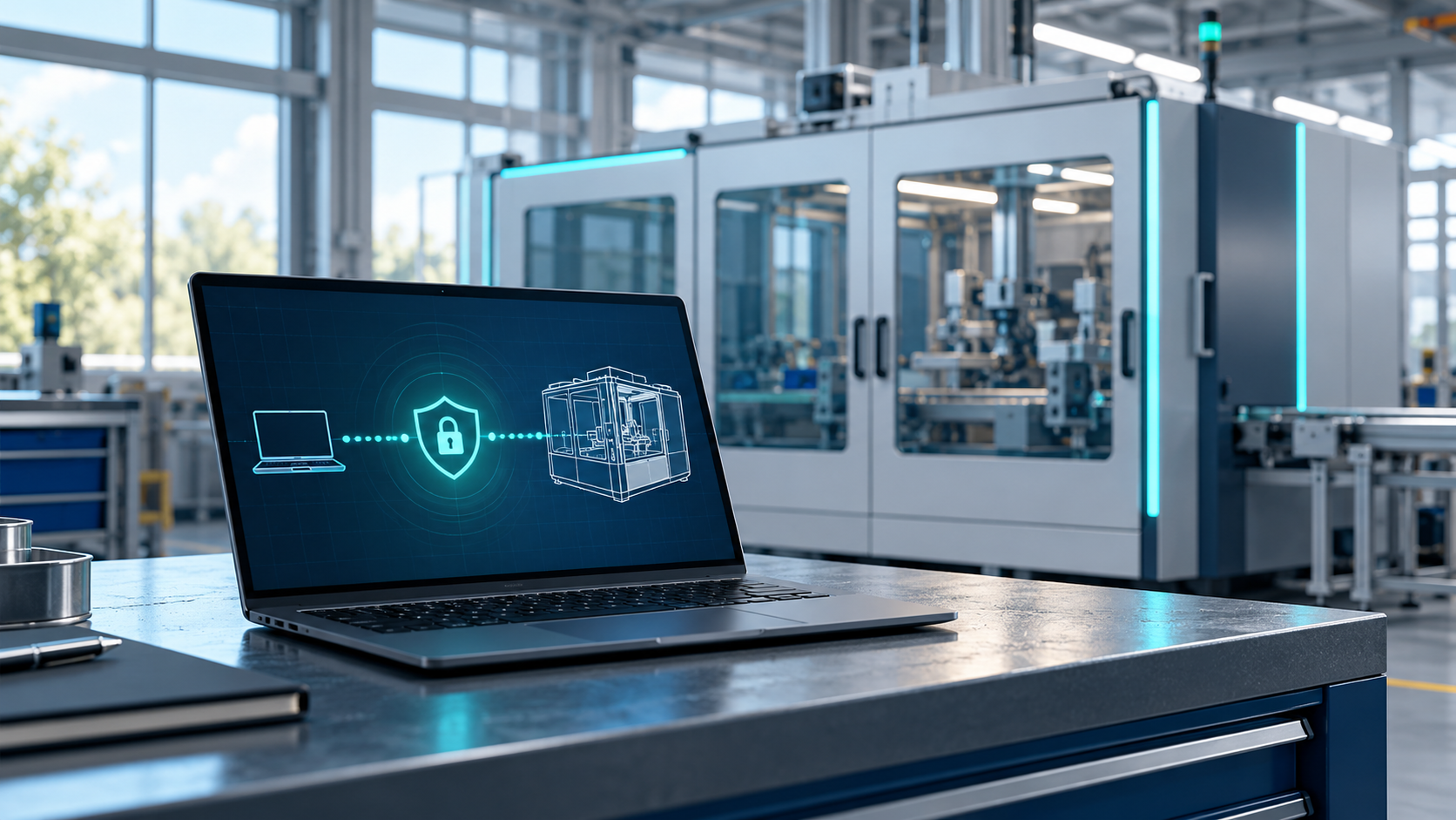 Laptop mit symbolischer geschützter Verbindung vor einer geschlossenen Maschine – KI-generierte Illustration.