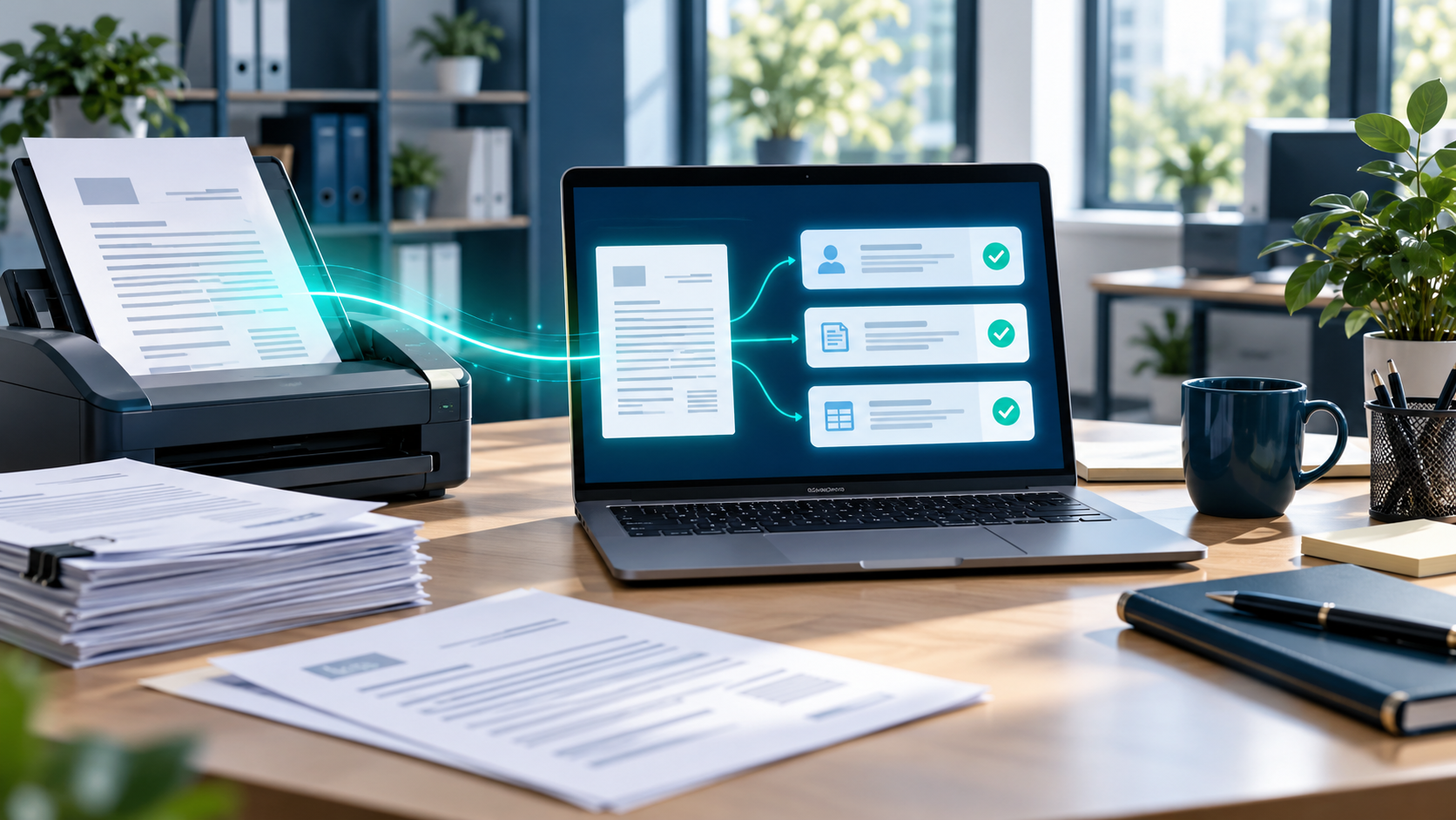 Scanner und Laptop übertragen ein Dokument in strukturierte Datenfelder – KI-generierte Illustration.