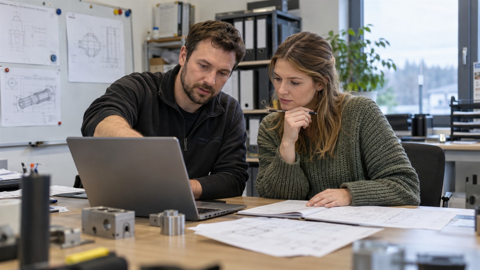 Zwei Mitarbeitende planen ein KI-Pilotprojekt am Laptop in einem Ingenieurbüro.