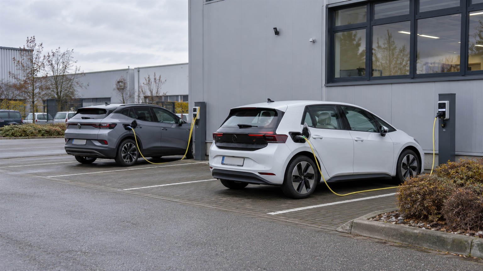 Zwei Elektro-Firmenwagen laden an Ladesäulen vor einem Unternehmensgebäude.