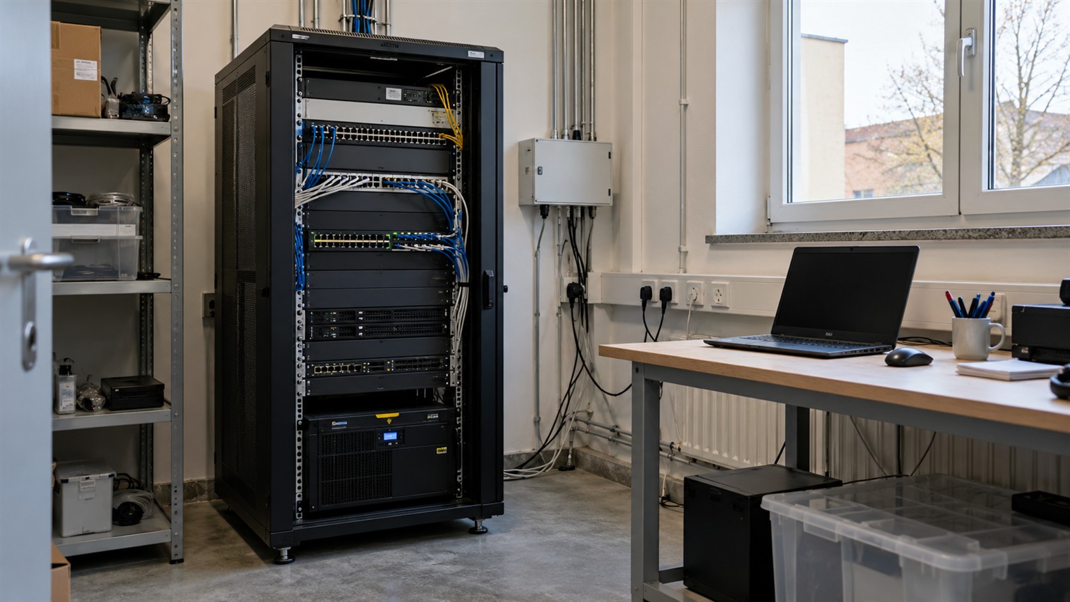 Serverrack und Laptop in einem kleinen betrieblichen IT-Raum.